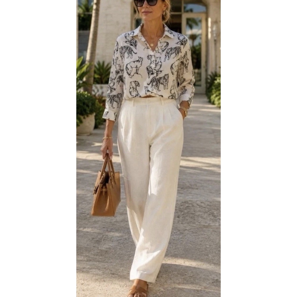 Cynthia Crowley Animal Print Linen Button Up Shirt Small White Black Classic